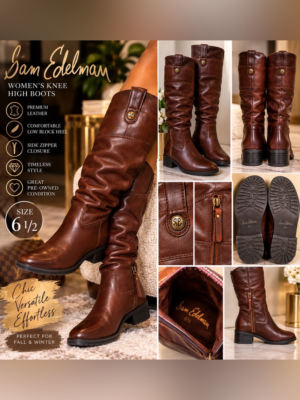 Sam Edelman Brown Leather Over-The-Knee Slouch Boots 6 1/2